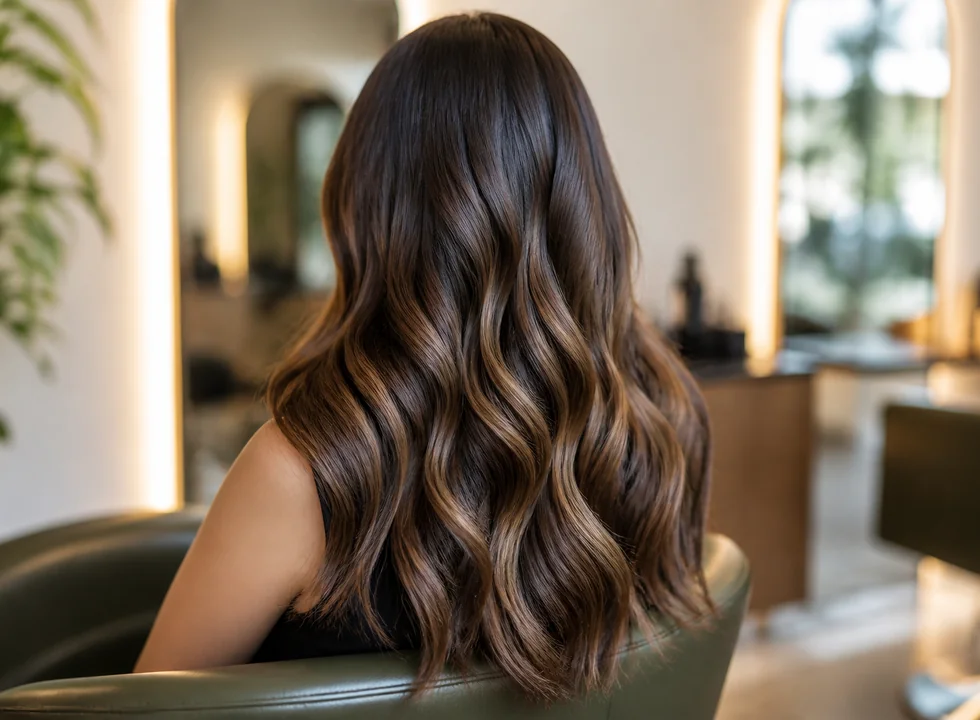 Finished brunette balayage waves in a salon chair